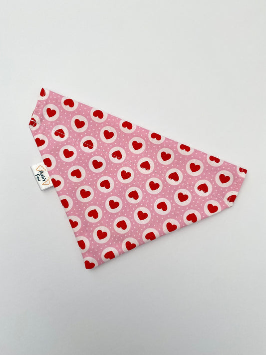 Love Hearts Dog Bandana - Bandana with red love hearts on a pink and white spot background